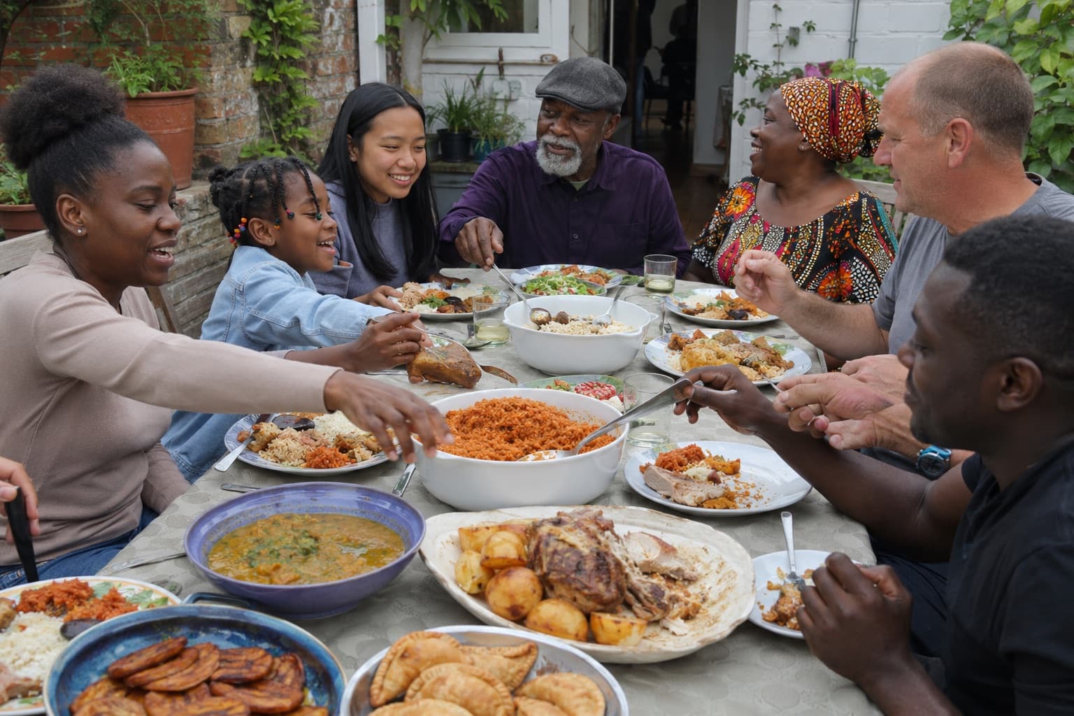 Community members sharing a meal together outdoors